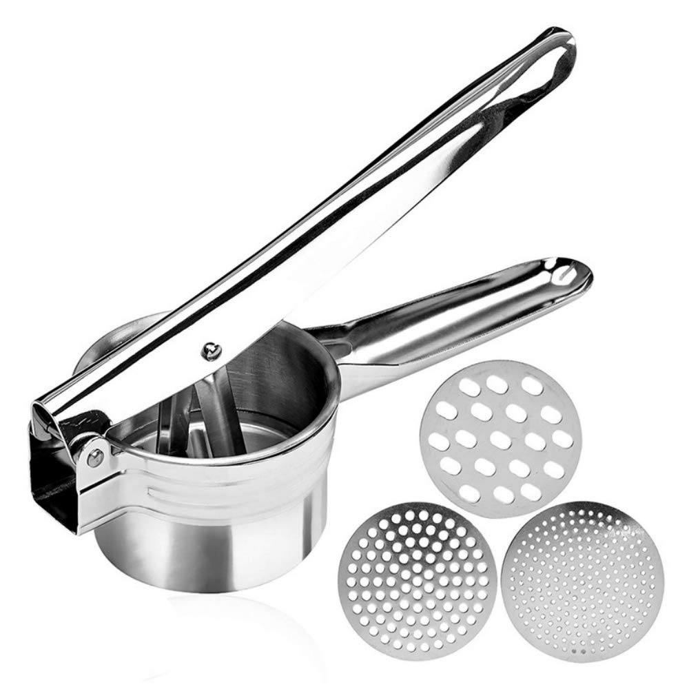 Stainless Steel Potato Ricer - Manual Masher For Potatoes, Fruits, Vegetables, Yams, Squash, Baby Food And More - 3 Interchangea