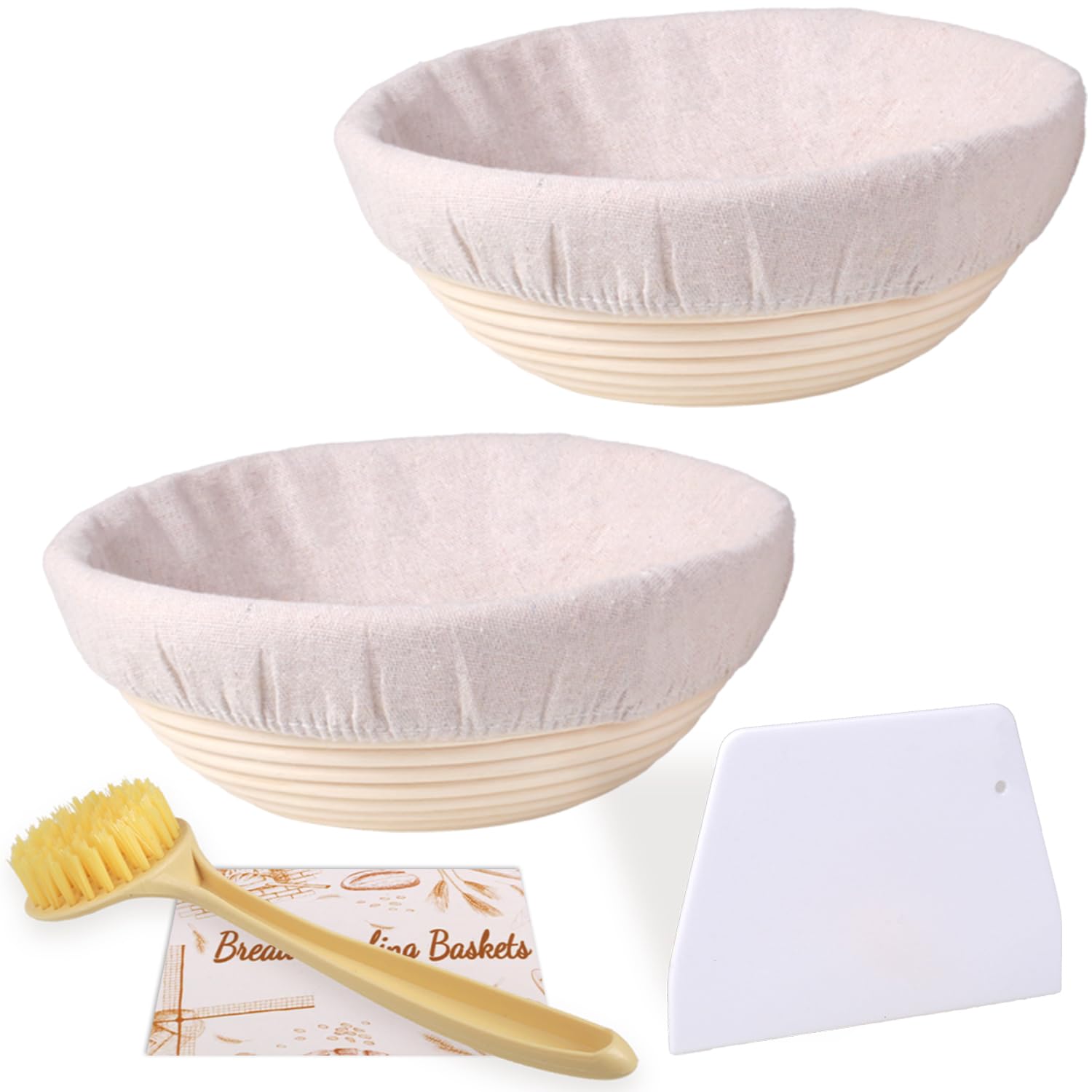 Homedisiac Banneton Bread Proofing Basket Set Of 2, 9 Inch Round Sourdough Bread Baking Supplies, Bread Making Starter Kit, Proo