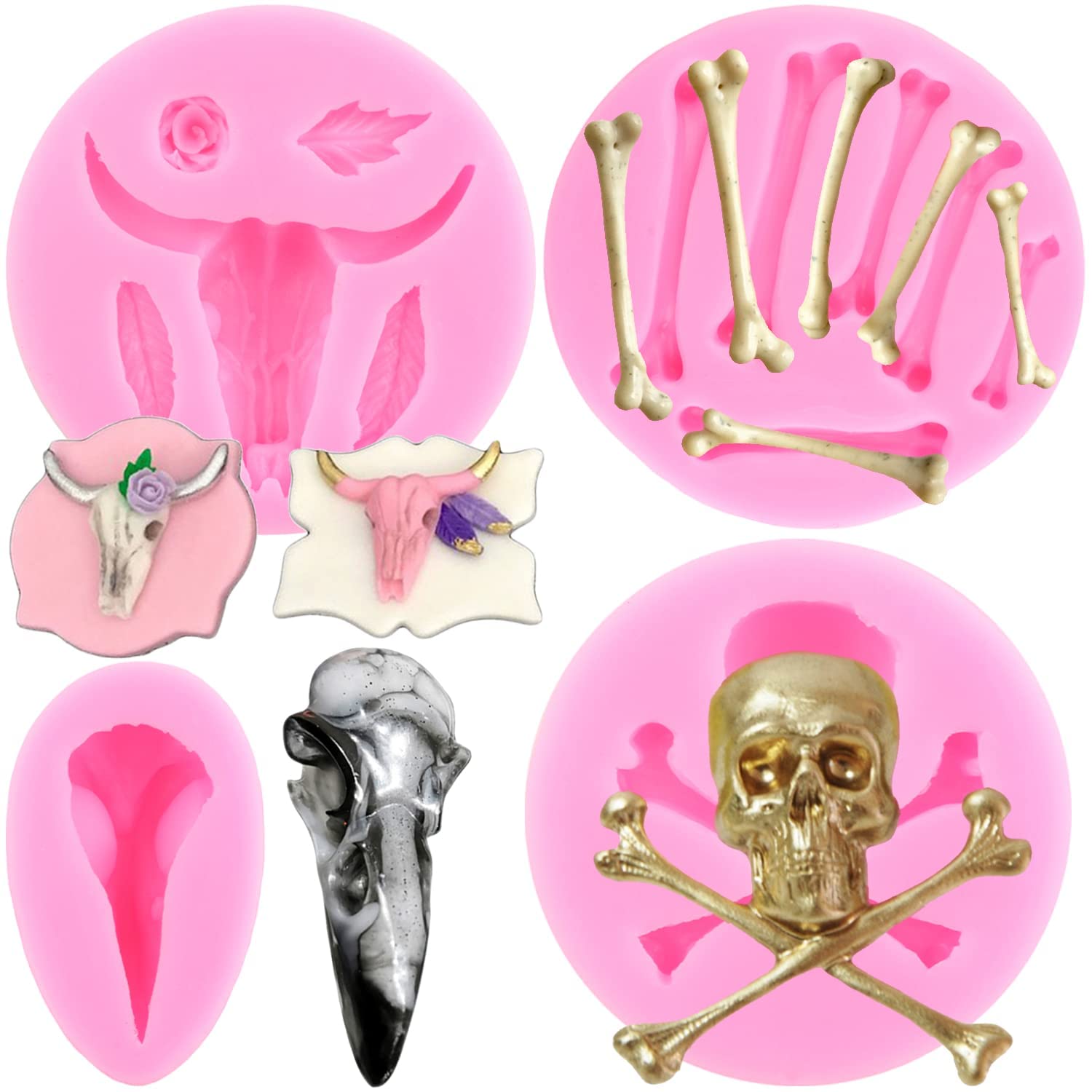 Zixiang Bull Head Silicone Molds Skull Head Fondant Mold Skeleton Bone Mold Raven Head Skull Candy Mold For Halloween Cake Decor