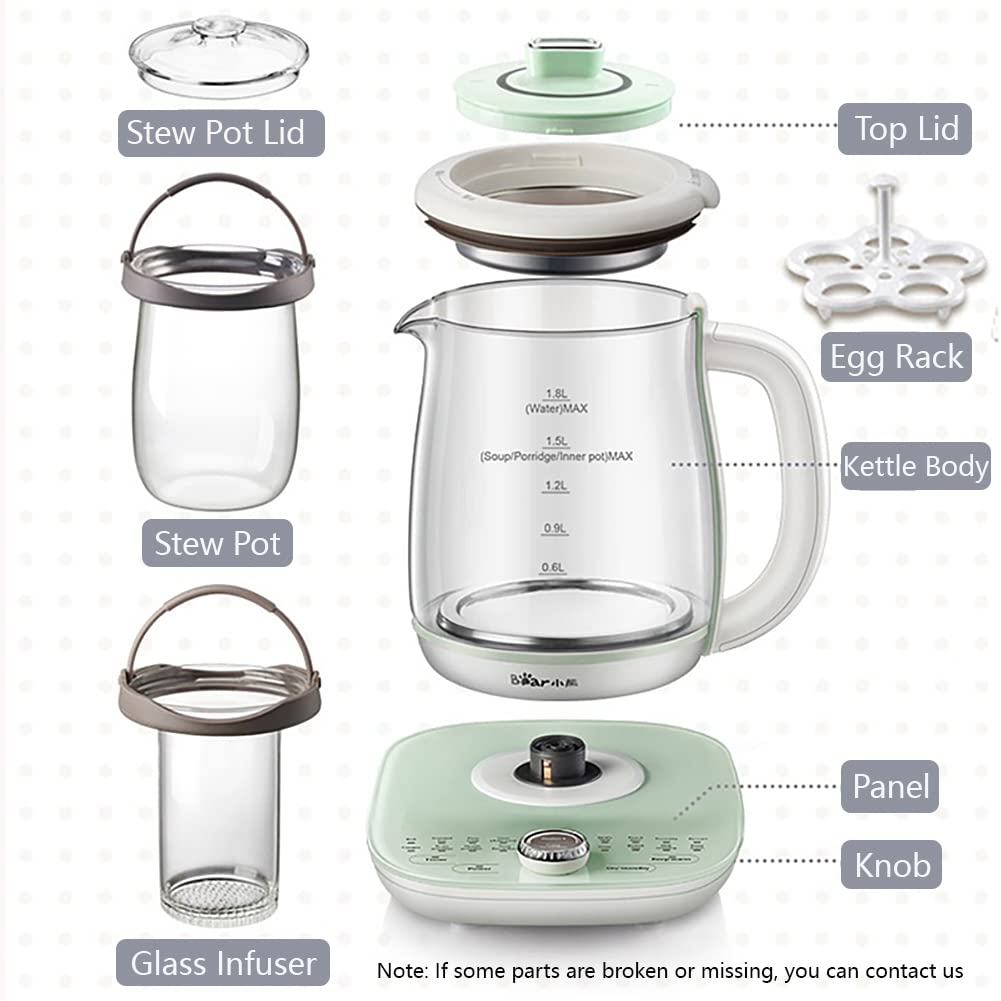 Bear Ysh-C18S2 Health Pot, Electric Kettle Tea Maker With Infuser, Glass Kettle & Stew Pot, 16 Menus 18L 120V, Green