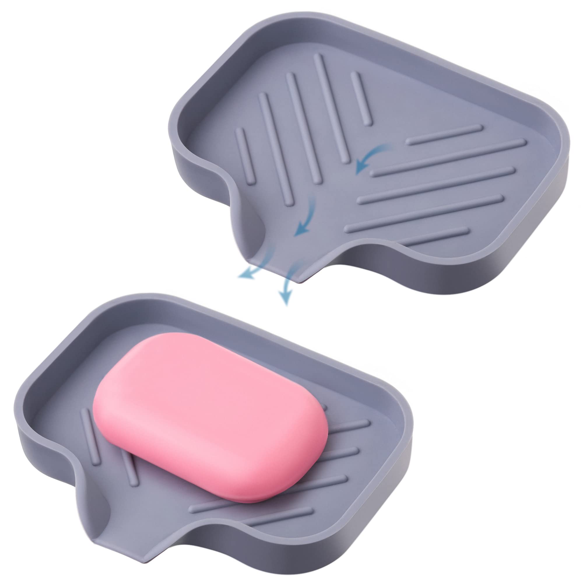 2 Pcs Grey Silicone Self Draining Rectangular Soap Dishes - Waterfall Soap Trays - Soap Dishes For Bar Soap - Soap Boxes - Soap