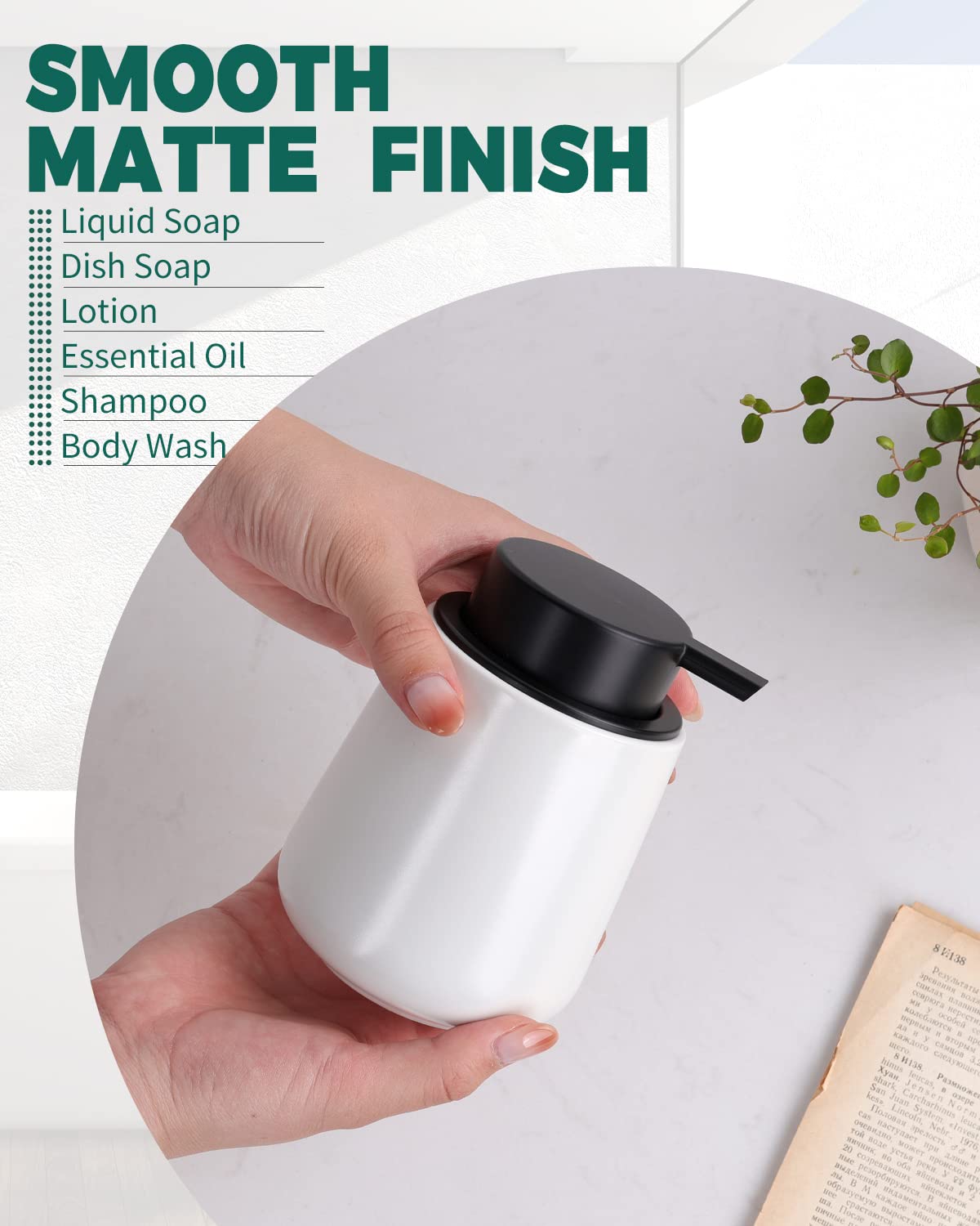 Bosilunlife Liquid Soap Dispenser - 12Oz Lotion Dispenser With Pump Matte White Ceramic Soap Dispenser Bathroom Dish Hand Soap D