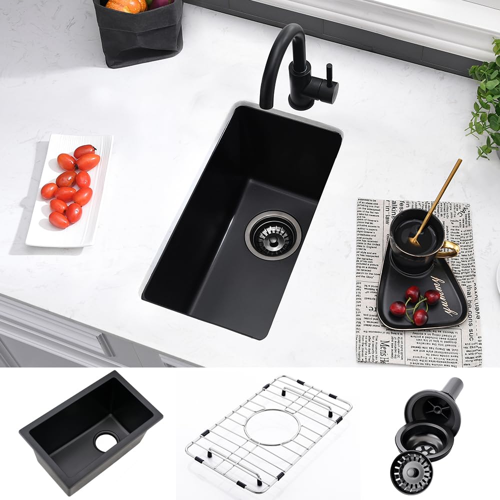 10 Inch Black Bar Sink Undermount-Vasoyo 10X18 Undermount Bar Sink Black Quartz Sink Bar Prep Rv Kitchen Sink Small Single Bowl
