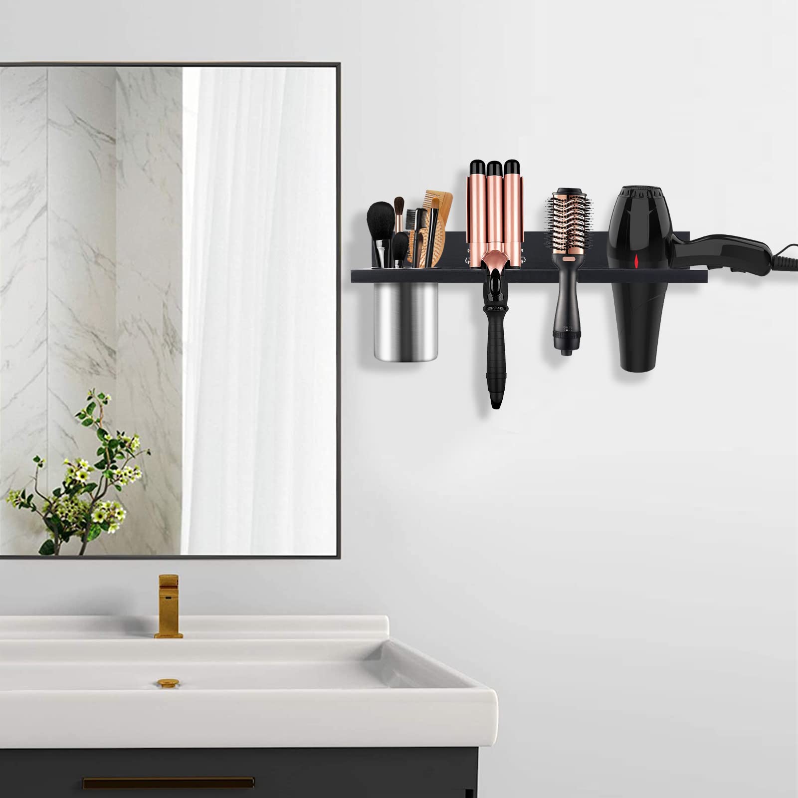 Hair Tool Organizer Wall Mounted - Wooden Hair Dryer Holder, Blow Dryer Holder For Bathroom, Rustic Hair Styling Tools Organizer