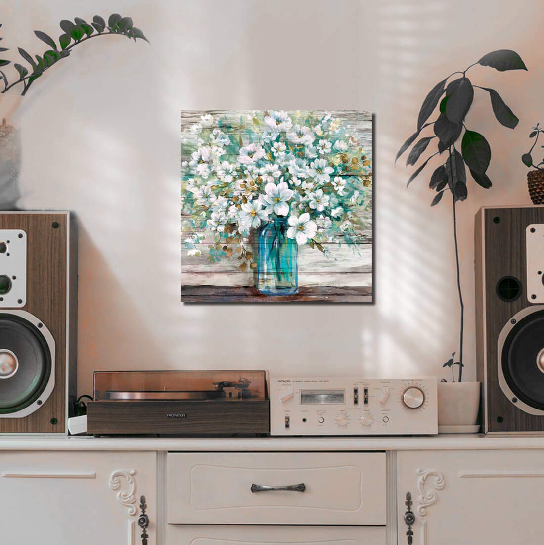 3Ldecor Country Style Canvas Wall Art Teal Blue Mason Bottle White Flower Rustic Wall Decor Art Hanging In The Bedroom Bathroom
