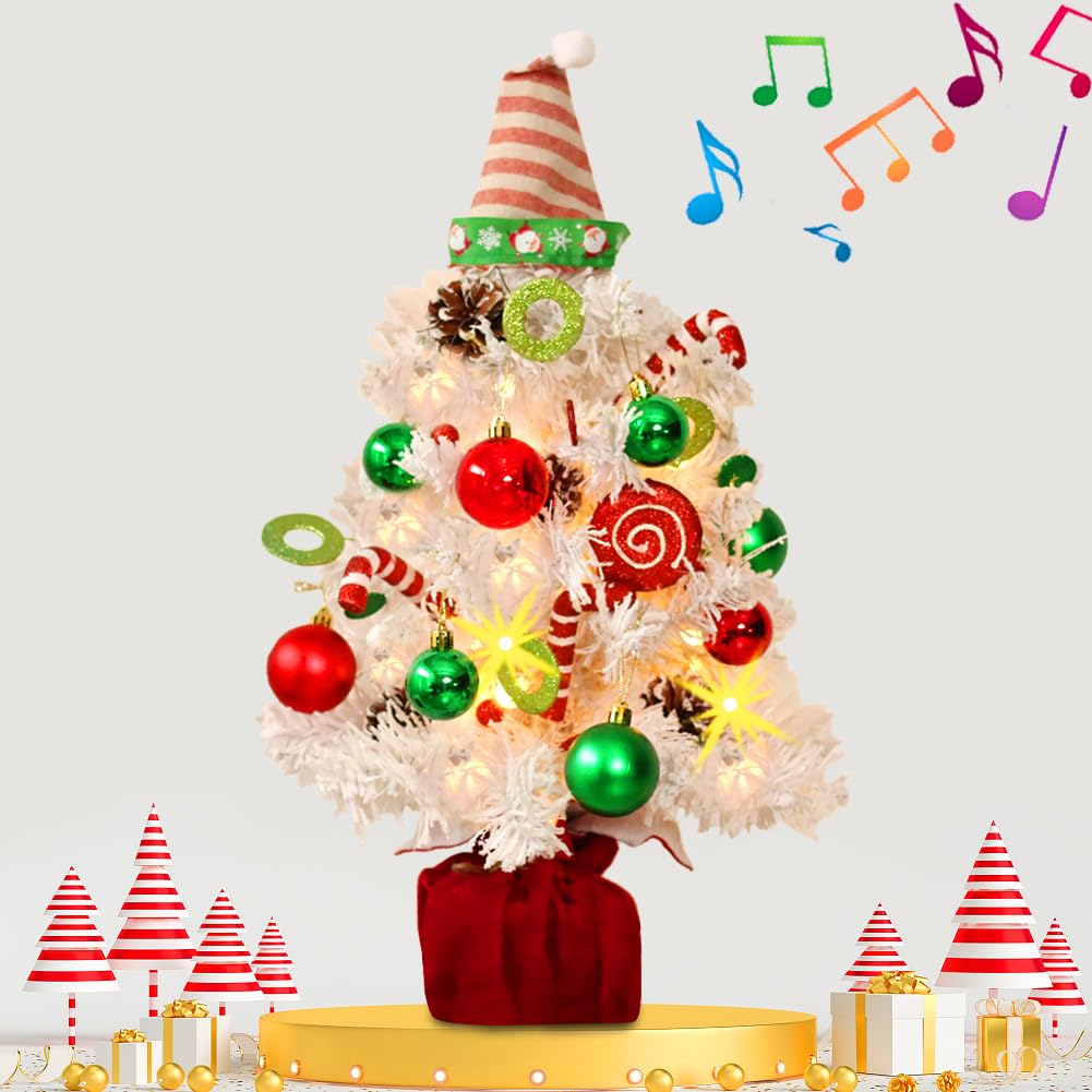 Mini White Christmas Tree, Small Flocked Christmas Tree with Lights and Music Tabletop Artificial Pre-lit Xmas Tree Christmas De