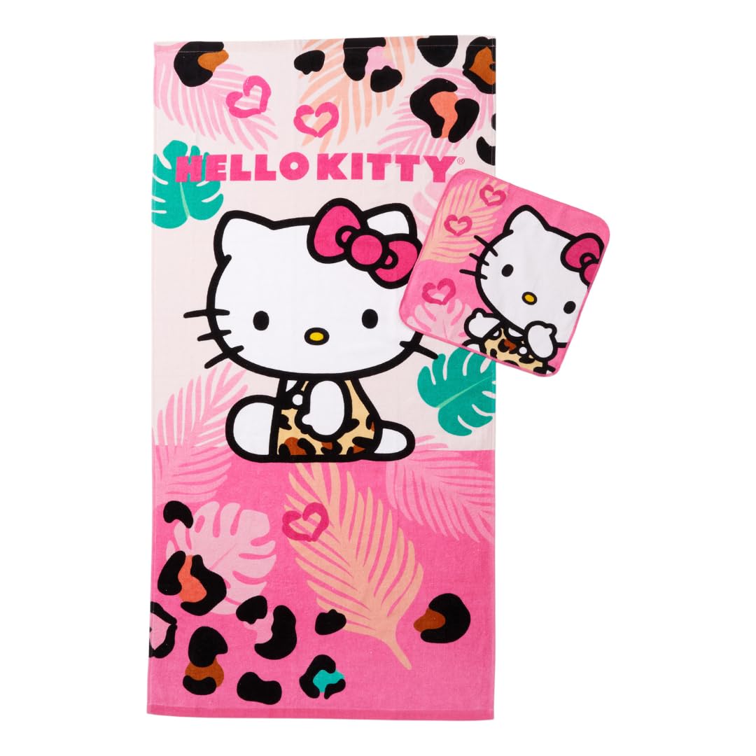 Franco Hello Kitty Kids Bath/Pool/Beach Soft Absorbent Cotton Terry Towel With Washcloth 2 Piece Set, 50 In X 25 In, (Officially