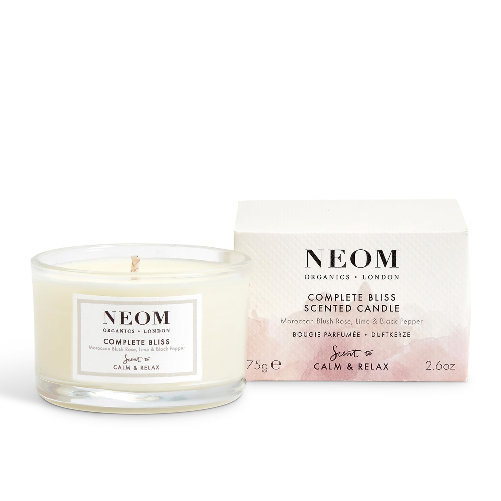 NEOM- Complete Bliss Scented Candle, Travel Size | Blush Rose, Lime & Black Pepper | Essential Oil Aromatherapy Candle | Scent t