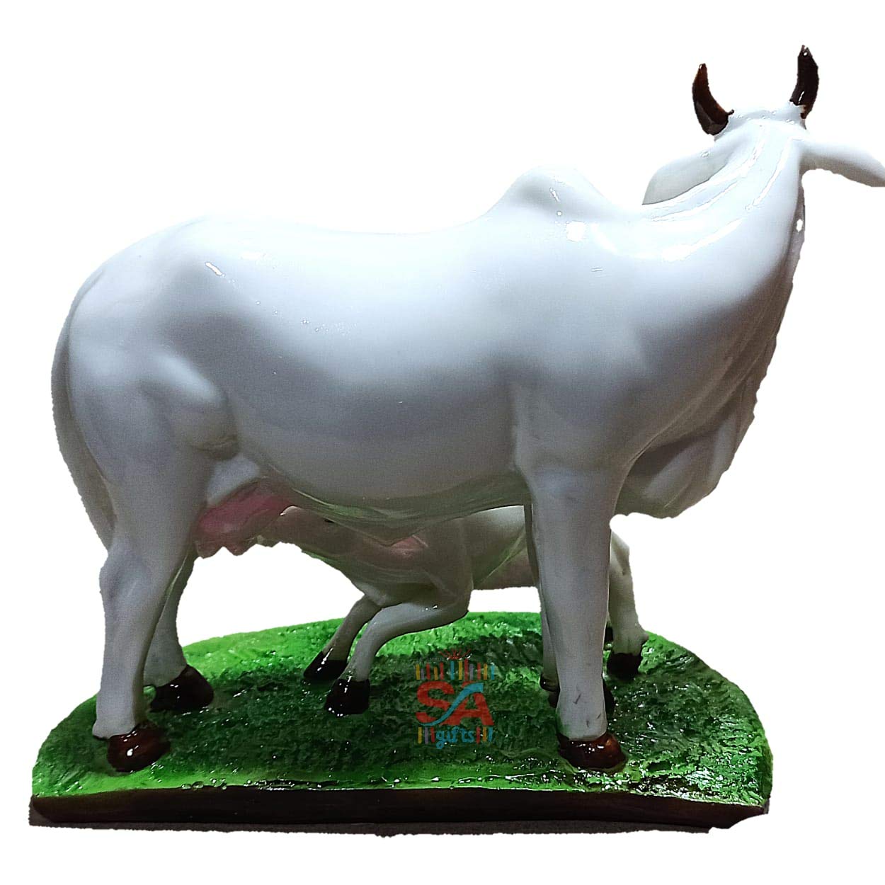 S A Gifts Sai Amrut Handicraft Decorative Polystone Cow And Calf Big Statue/Idol For Gift Home Decor 7 Inch (Marble Cow), White