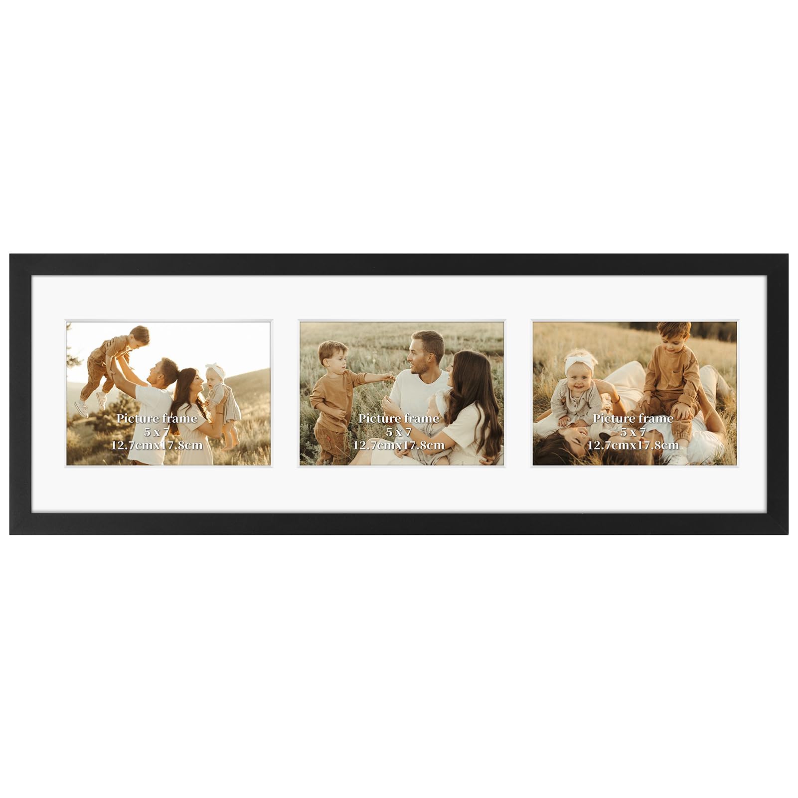 Giftgarden 5x7 Collage Picture Frame 3 Openings Horizontal, Textured Metal 8x24 Frame Matted to Three 5x7 Photos with Mat, Wall 
