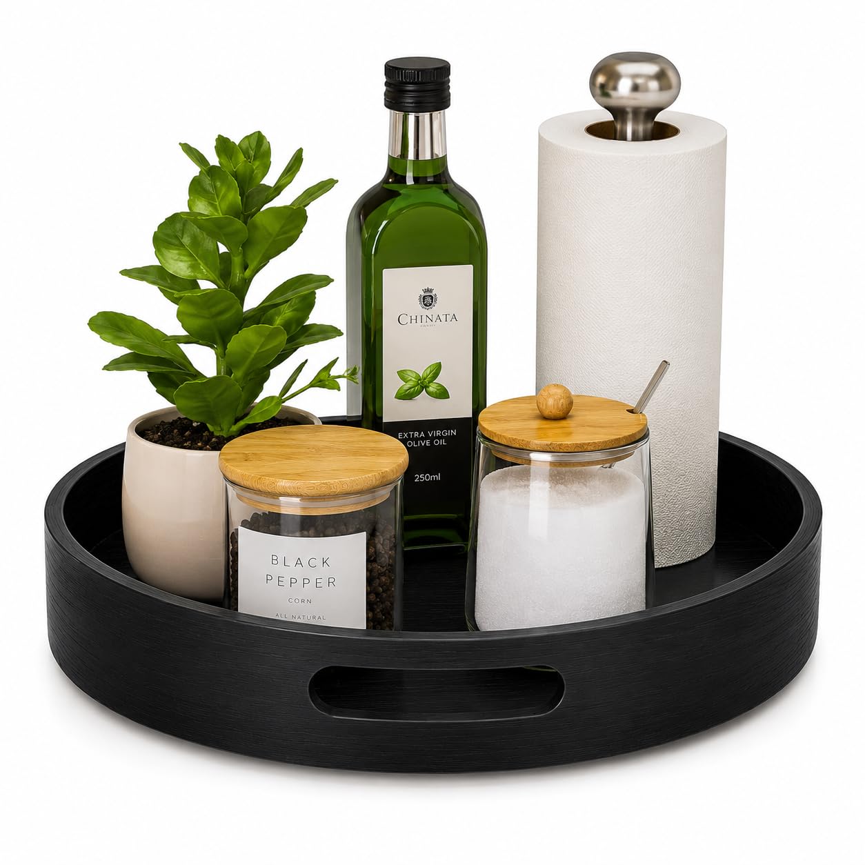 Bamboo Lazy Susan Turntable Organizer 10 in  Round Rotating Spice Rack with Handles,Wood Turntable for Kitchen Cabinet, Counter