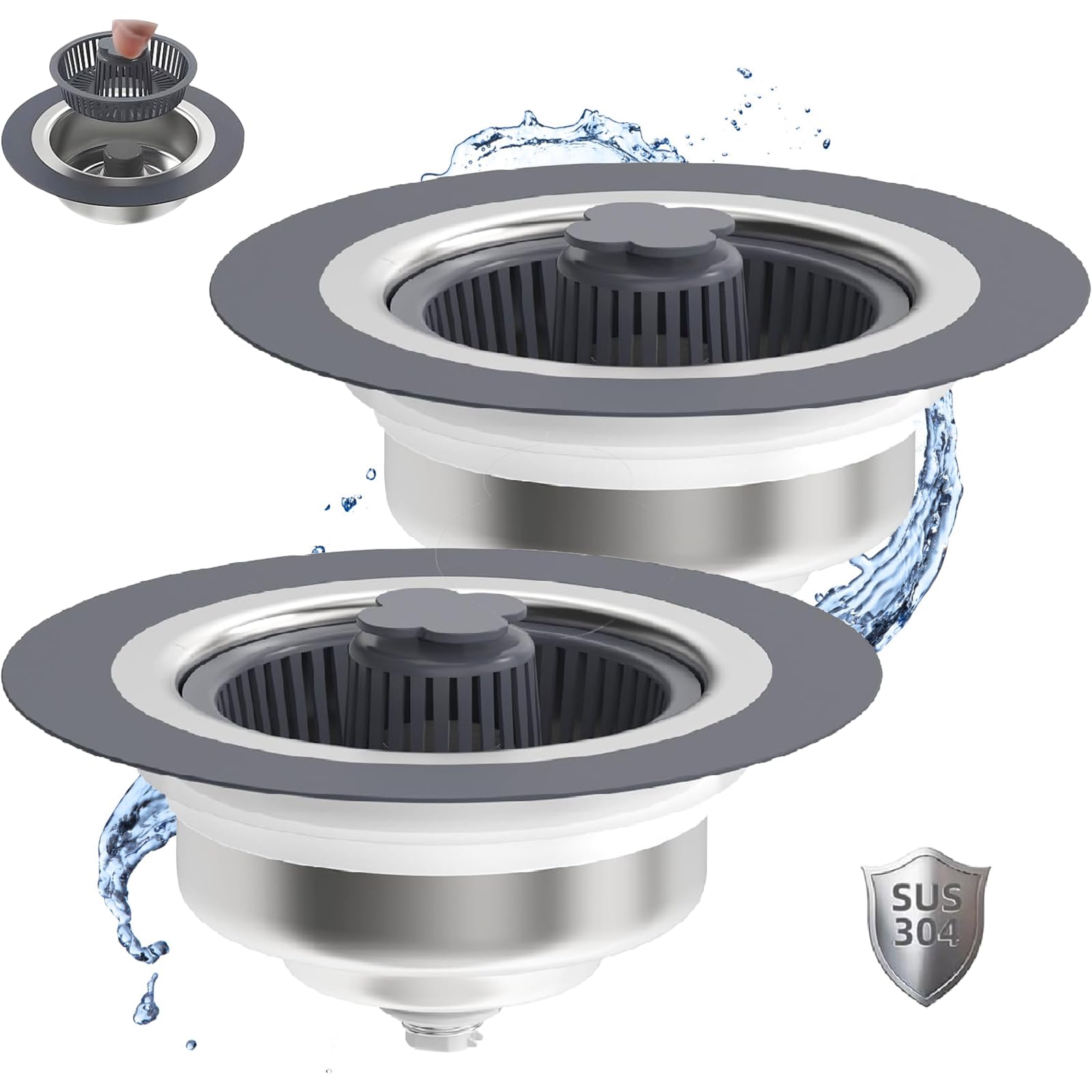 2 Pack Upgraded 3 In 1 Kitchen Sink Drain Strainer And Stopper, Stainless Steel Sink Bounce Core Drain Strainer, Pop Up Anti-Clo