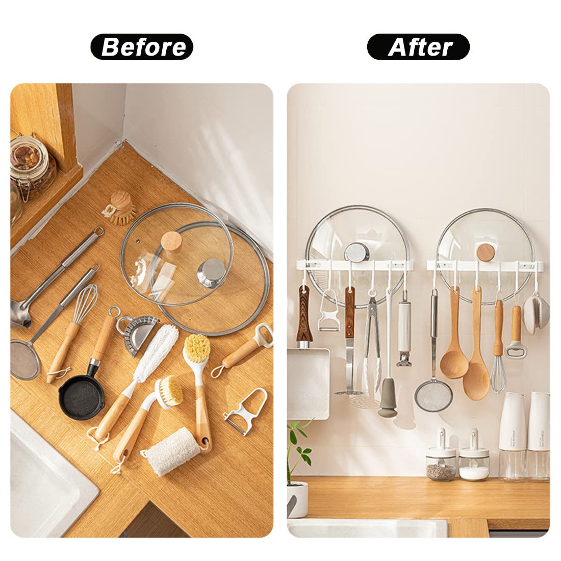 Kitchen Utensil Holder Rack, 12 Inch Pots And Pans Hanging Rack Wall Mounted, Lid Cooking Utensil Rail Hanger, 6 Sliding Hooks F