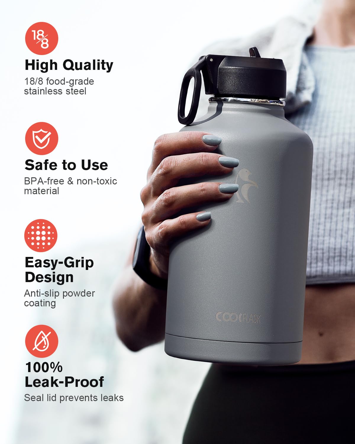 Coolflask 64 Oz Insulated Water Bottle With Straw & 3 Lids, Half Gallon Water Jug Large Metal Stainless Steel Wide Mouth For Spo