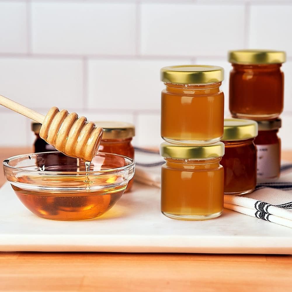 EVATTA Small Glass Jars with lid 50 ml - 48 Pieces Clear | Round Shape | Golden Airtight Metal Lid | mini glass jars | Mini Maso