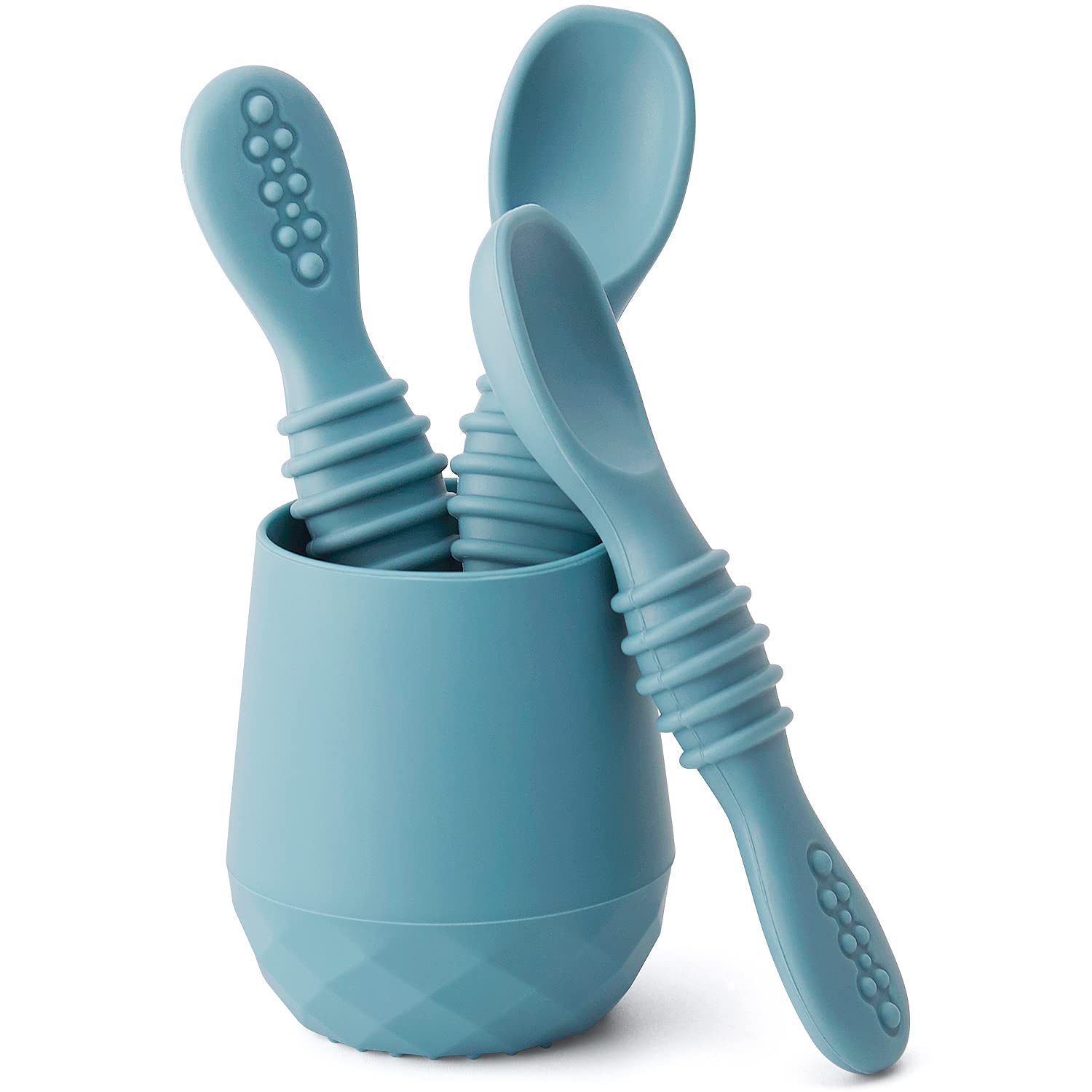 Samigo Silicone Baby Utensils - Self Feeding Spoons And Tiny Training Cup - First Stage Baby Led Weaning Supplies For 6 Months+