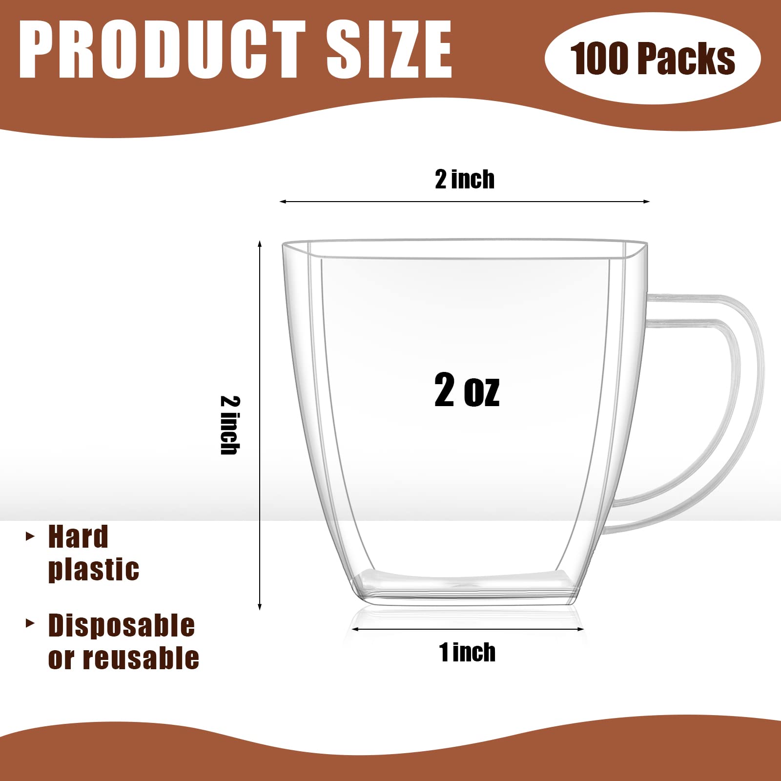 Amyhill 100 Pcs 2 Oz Disposable Tea Cups Mini Plastic Tea Cup Bulk With Handle Hard Plastic Coffee Mug Disposable Square Espress