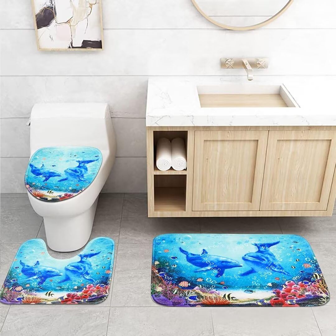 Yizheer 4Pcs Blue Ocean Dolphin Shower Curtain Sets With Rugs, Toilet Lid Cover And Bath Mat, Haunted House Shower Curtains Bath