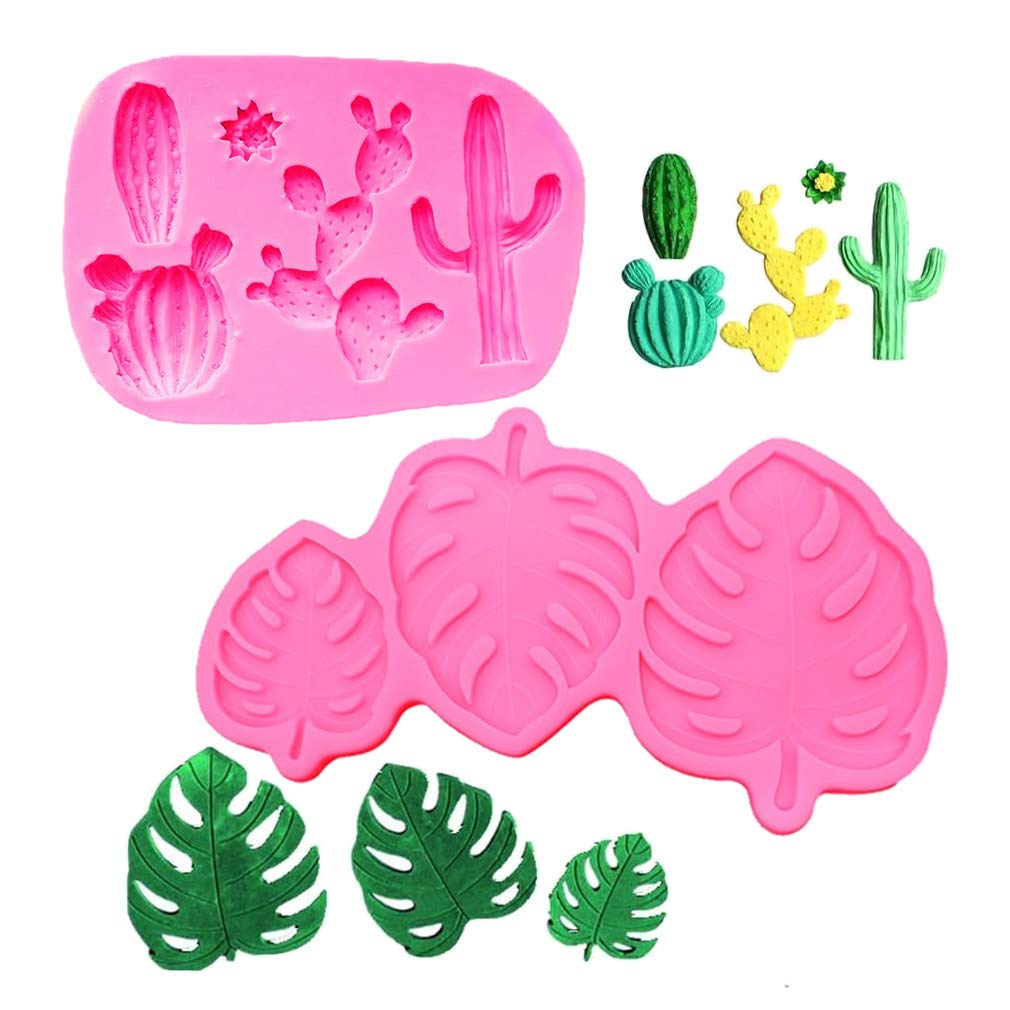 2 Pcs Tropical Leaf Fern Palm Leaves Cactus For Hawaii Aloha Theme Party Birthday Baby Shower Diy Cake Fondant Baking Biscuit 3D