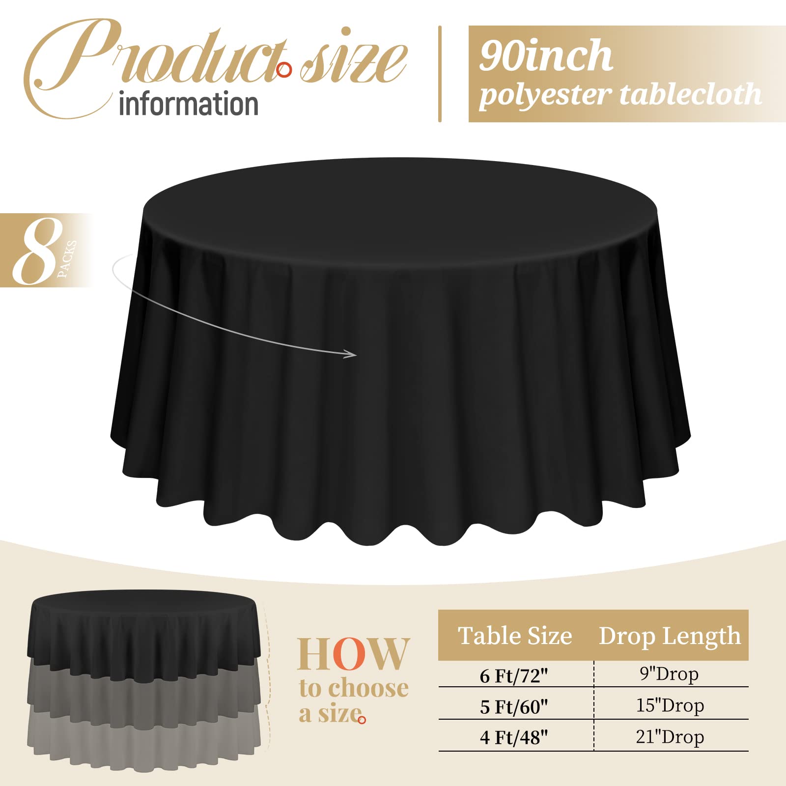 Pesonlook 8 Pack Black Round Tablecloth 90 Inch, Premium Washable Polyester Round Tablecloth Wrinkle Resistant Washable Table Co