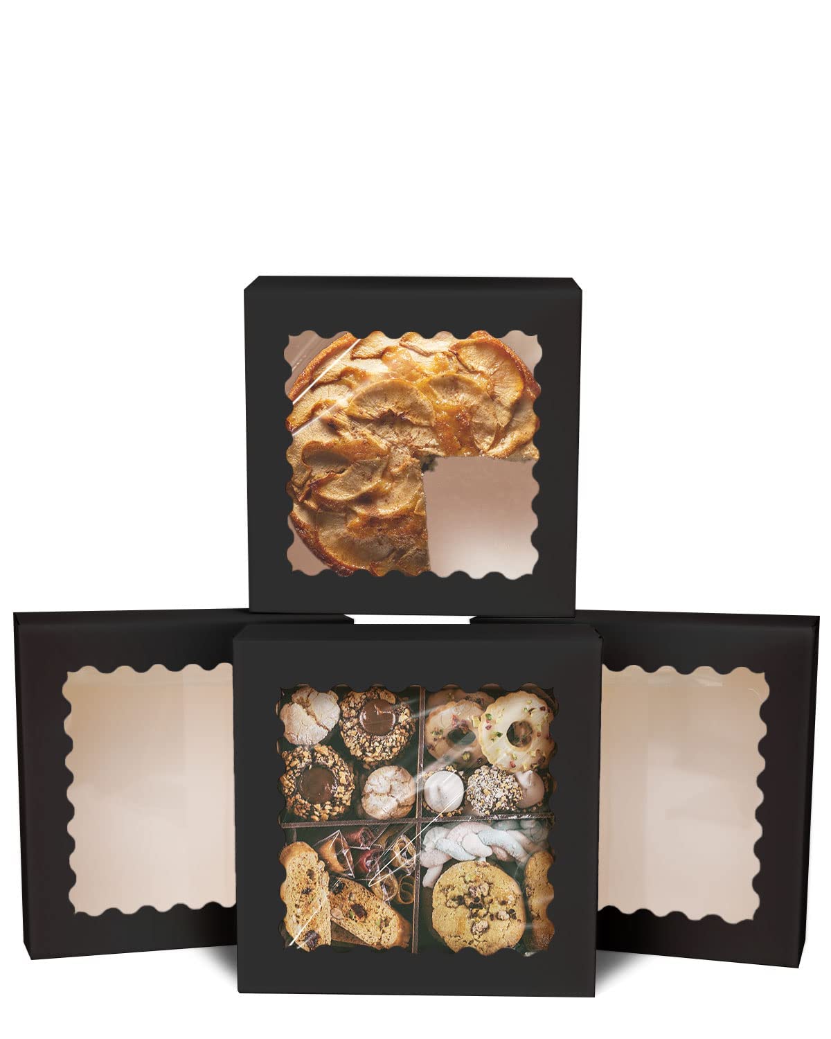 Qiqee Auto-Pop Up Black Pie Boxes With Window 10X10X2.5 Inch 30Packs Cookie Donut Bakery Box