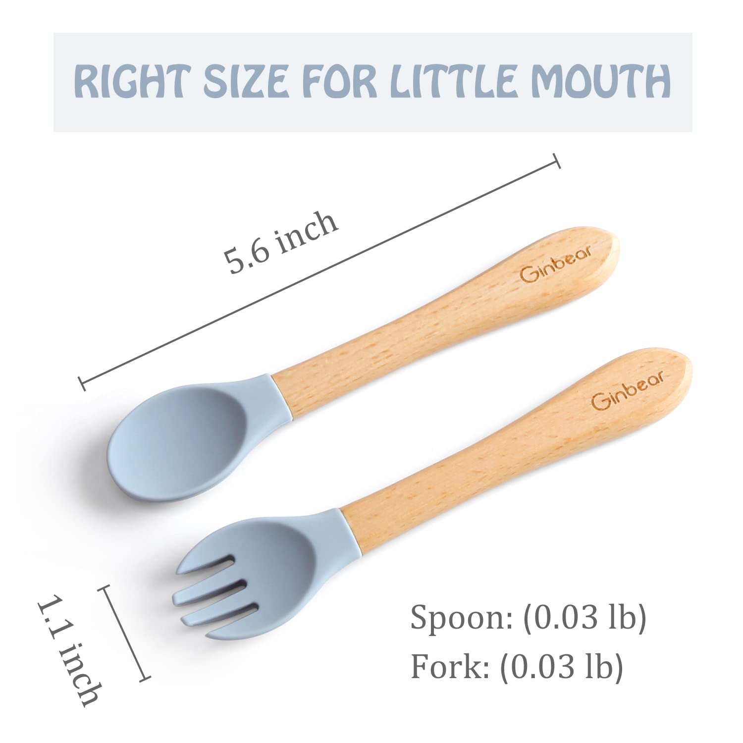 ginbear Silicone Baby Spoon and Fork Self-feeding, Baby Flatware Sets for Boy, Toddler Feeding Utensils for child 6 Months+ (gra