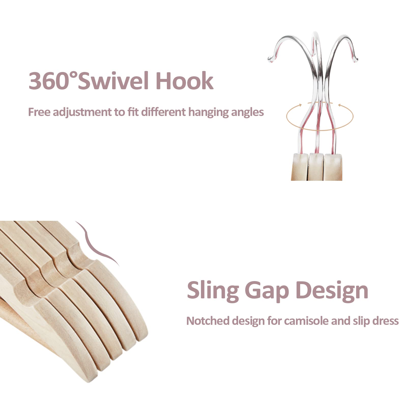 Rosos Wooden Hangers 30 Pack, Solid Wood Hangers With 360 Swivel Chrome Hook, Smooth Finish & Precisely Cut Notches, Slim Wooden