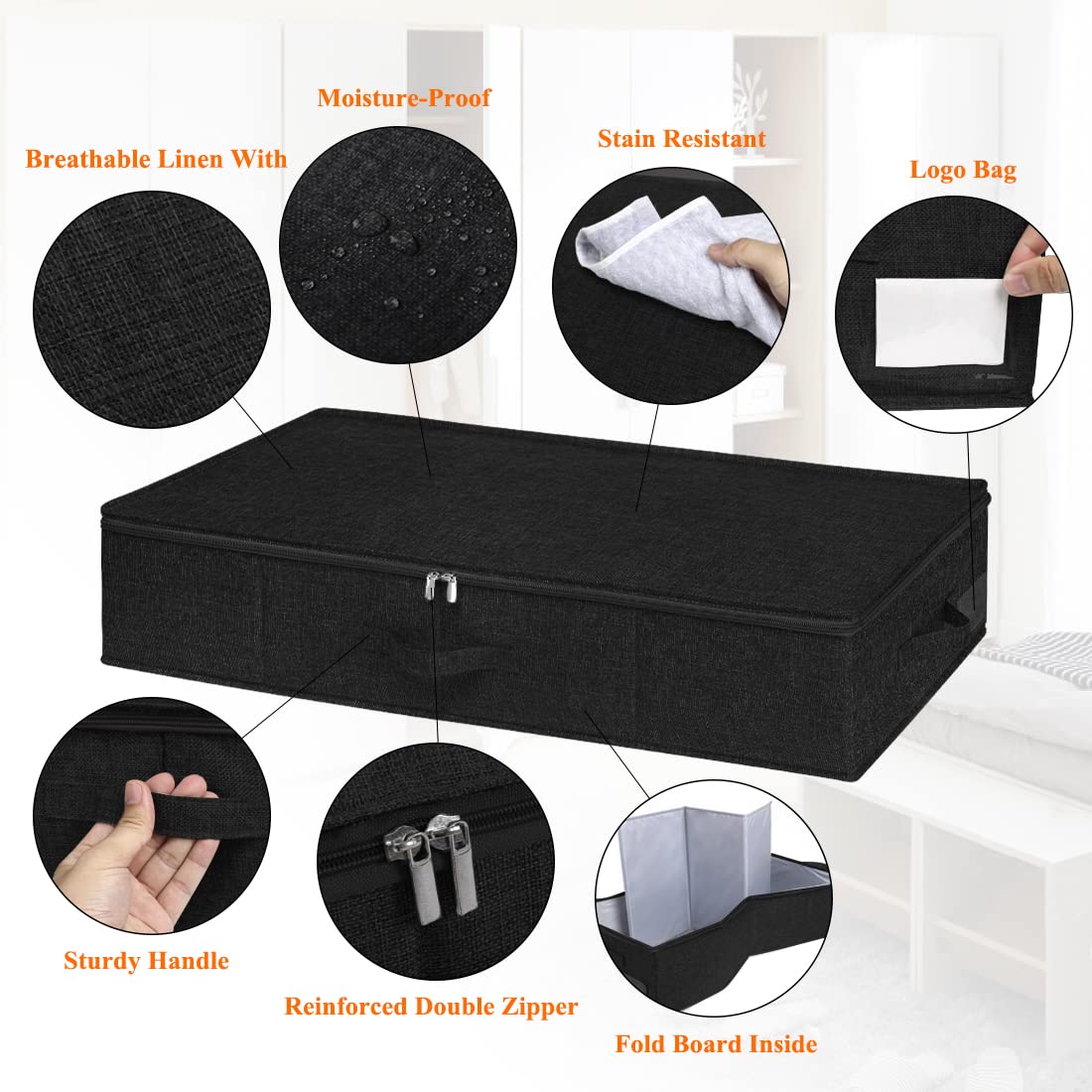 Under Bed Storage, 2 Pack Underbed Storage Container Bags With Lid, Foldable Sturdy Clothes Storage Drawer Organizer W/ 3 Handle