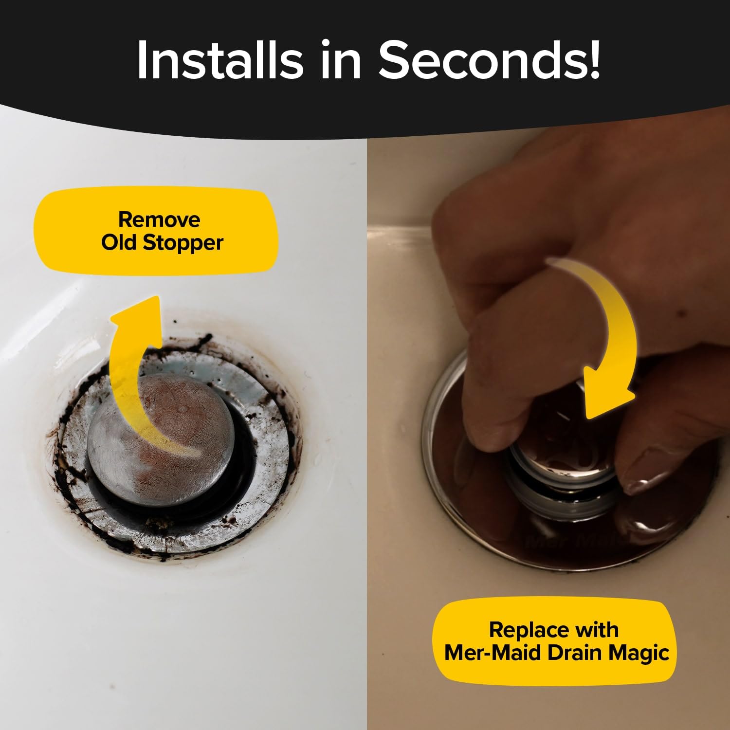 Mer-Maid Drain Magic Universal Sink Stopper, As-Seen-On-Tv, Replace Broken Or Missing Stoppers, Push To Fill & Drain, Catches Ha