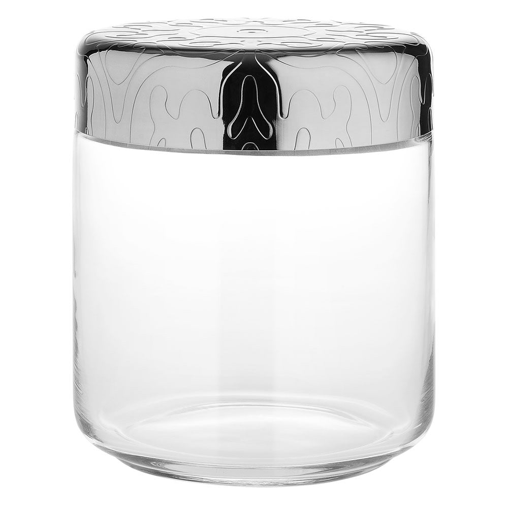 Alessi ''Dressed'' Glass Jar Hermetic Lid In 18/10 Stainless Steel Mirror Polished With Relief Decoration, Silver