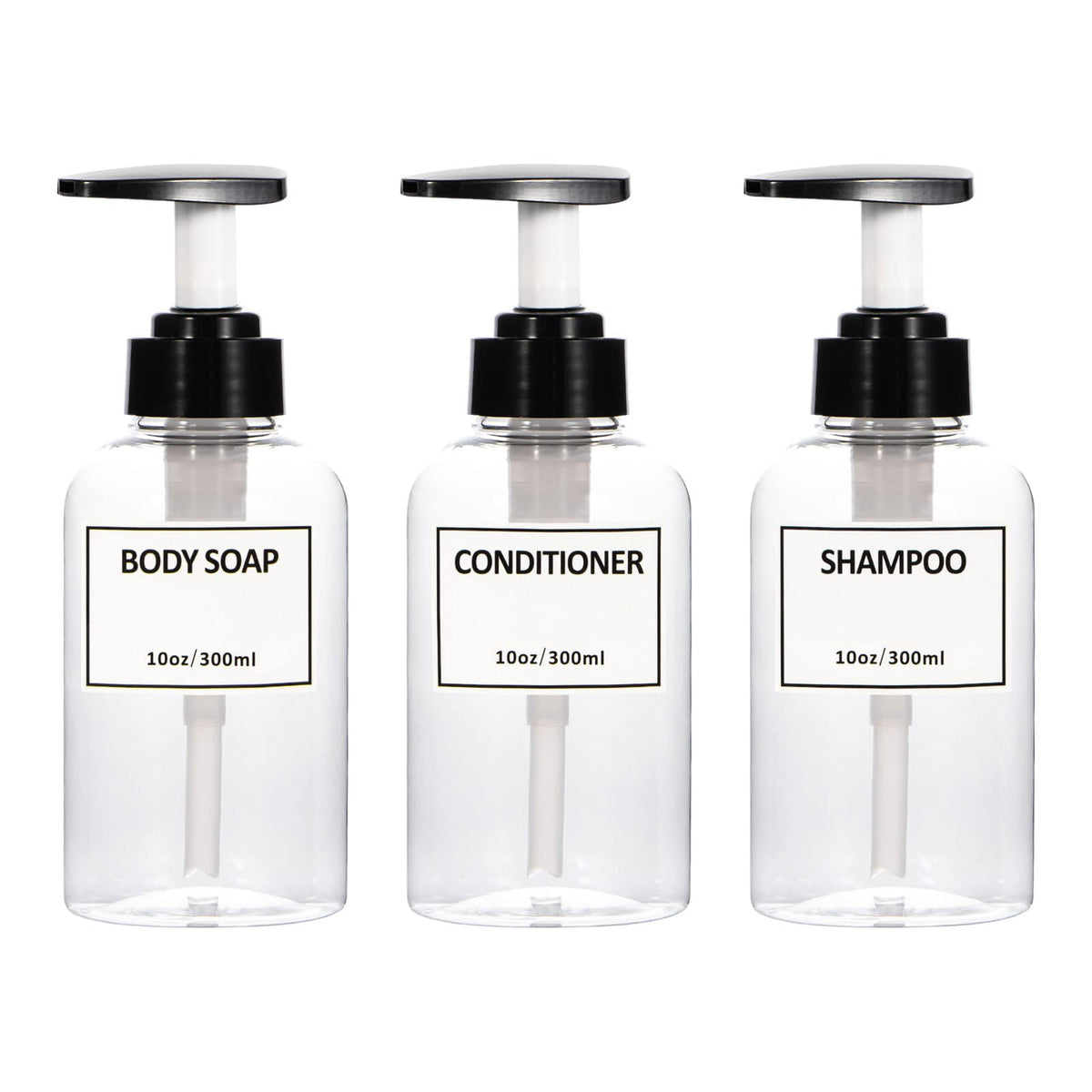 Clear Pump Bottle,Yeeco Shampoo Dispenser With Waterproof Labels 10Oz/300Ml, Shampoo And Conditioner Bottles 3 Packs, Shampoo Bo