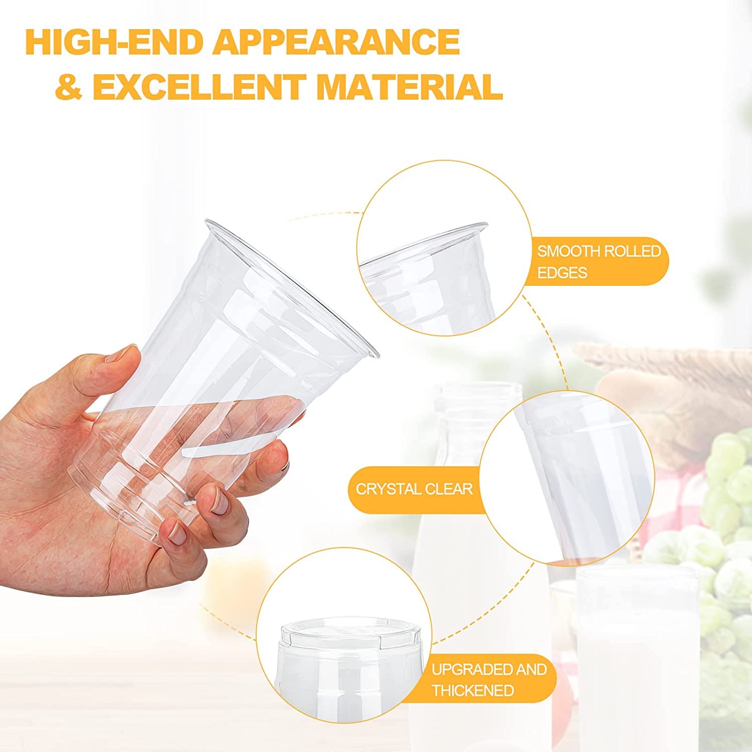 TashiBox plastic cups with lids [12 oz 100cups&100flat lids] Clear Crystal disposable plastic cups smoothie cups