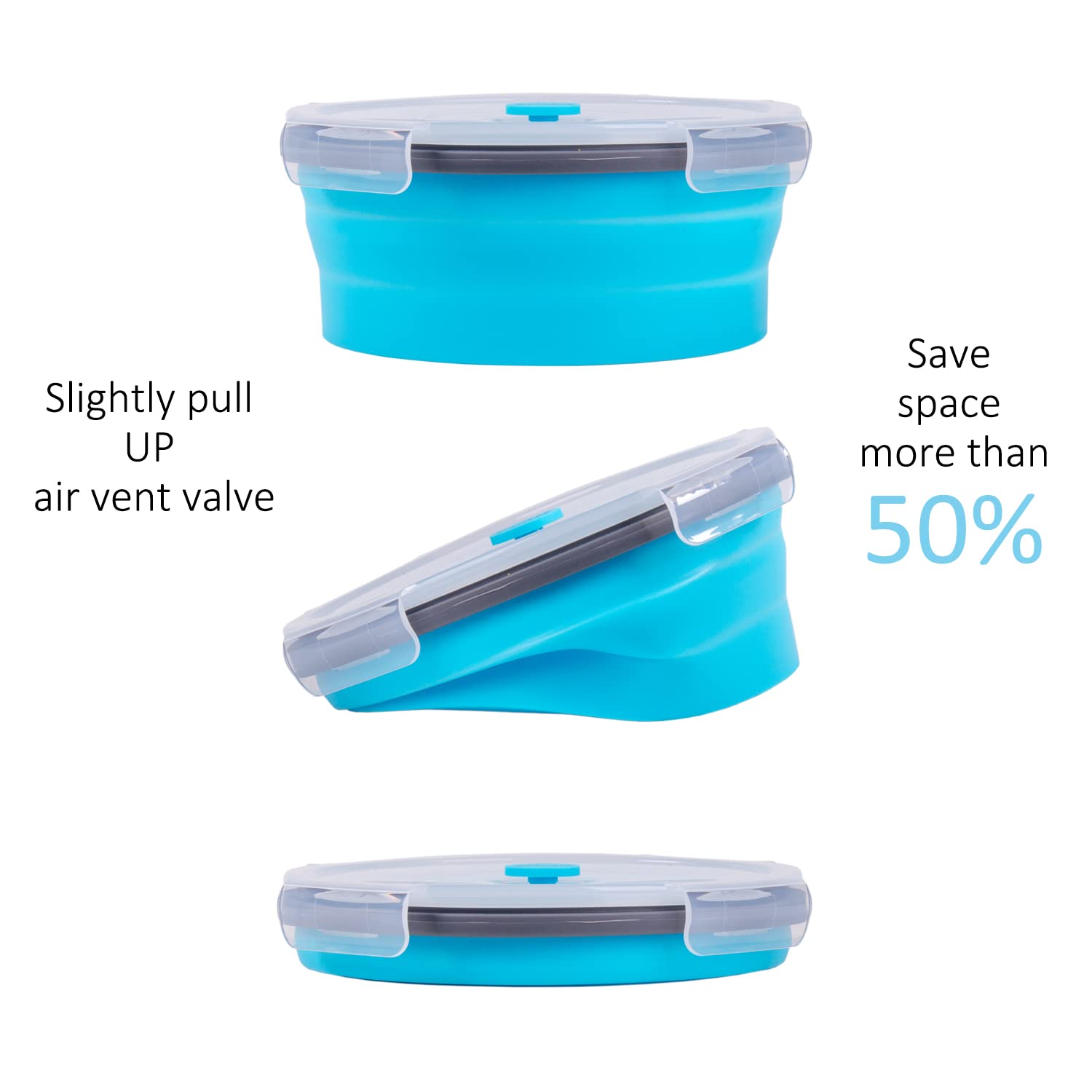 Collapsible Food Storage Containers With Airtight Lid & Vent, 40.5 Oz, Kitchen Stacking Silicone Collapsible Meal Container Set