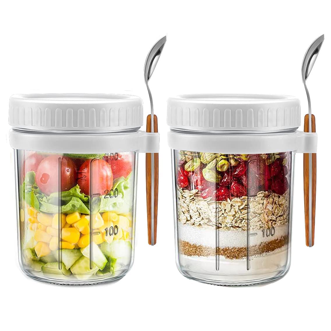 Cghwbea Overnight Oats Containers With Lids And Spoon Set Of 2 Jars 12Oz Airtight Container With Measurement Marks, Reusable On