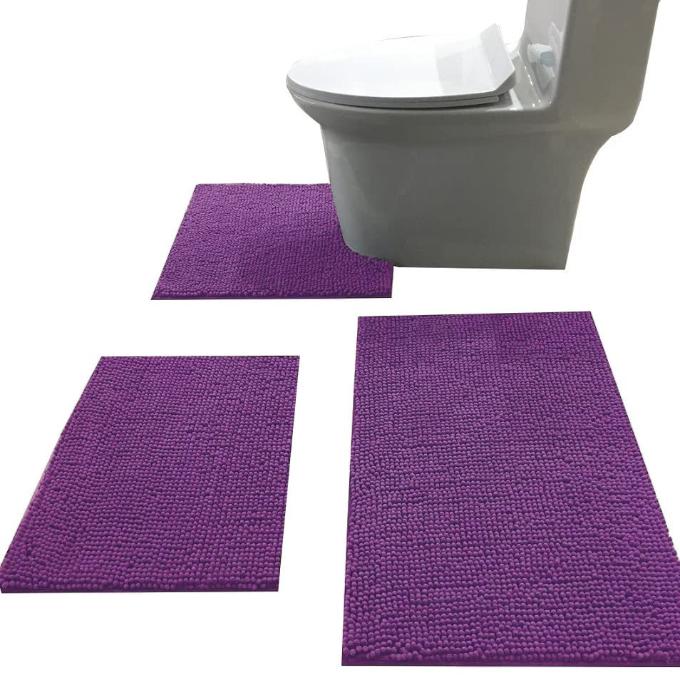 Madeals Bath Rug Set 3 Piece Bathroom Contour Rugs Combo, Soft Shaggy 2 Piece Bath Shower Mat And U-Shaped Toilet Floor Rug Purp