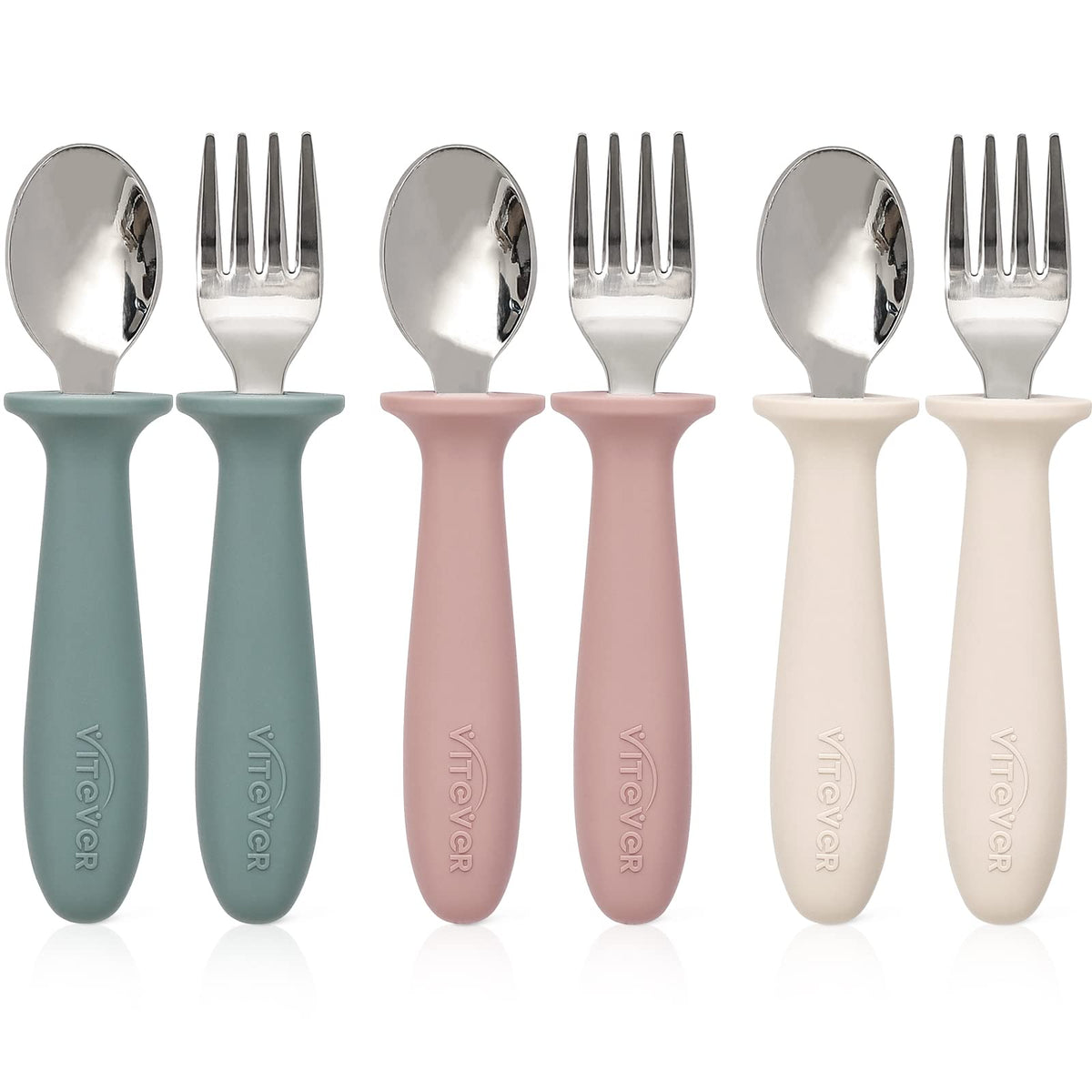 VITEVER 6 Pieces Toddler Utensils, Kids Silverware Set with Silicone Handle, Children Safe Spoons and Forks, 18/8 Stainless Stee