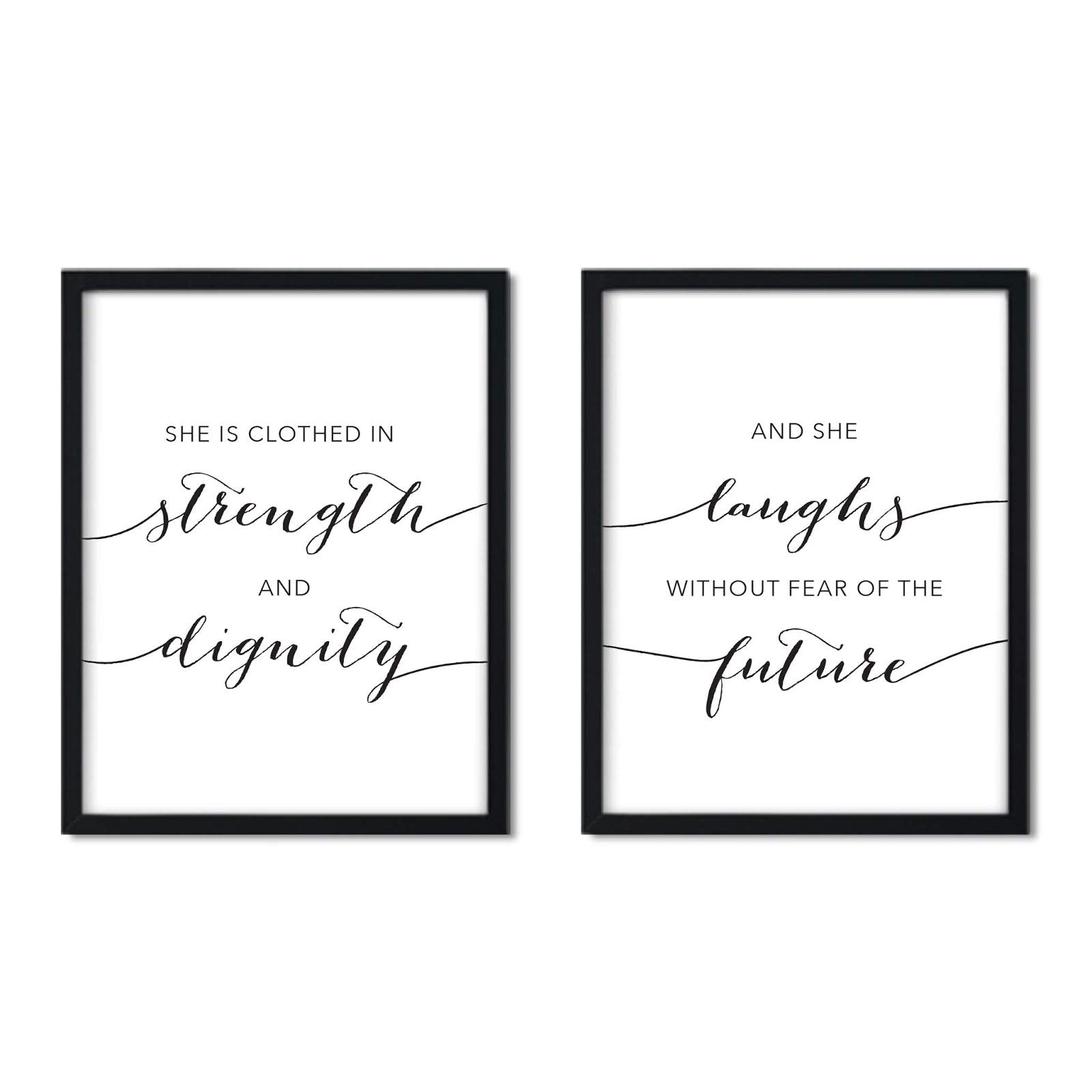 Andaz Press Unframed Black White Wall Art Decor Poster Print, Bible Verses, She Is Clothed With Strength And Dignity And Laughs