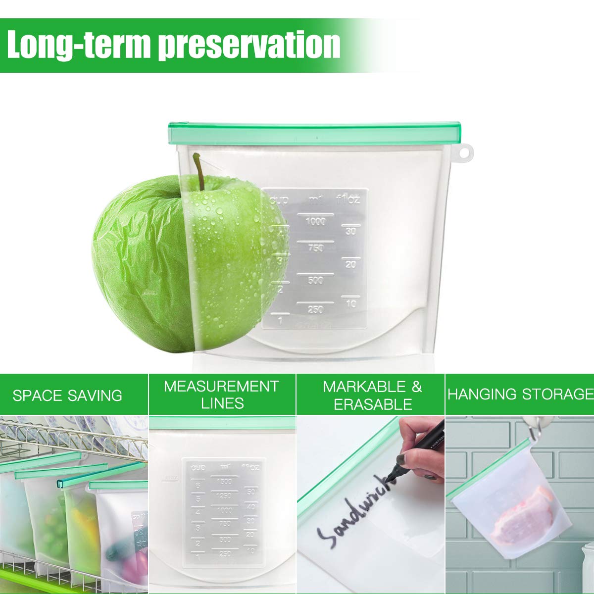 ?Upgrade?Cadrim Reusable Extra Thick Silicone Food Storage Bags - 6 Packs Zipper Freezer Bags For Marinate Meats Sandwich, Snack