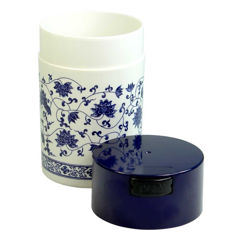 Teavac 6-Ounce Vacuum Sealed Tea Storage Container, Blue Cap And White Body/Floral Design