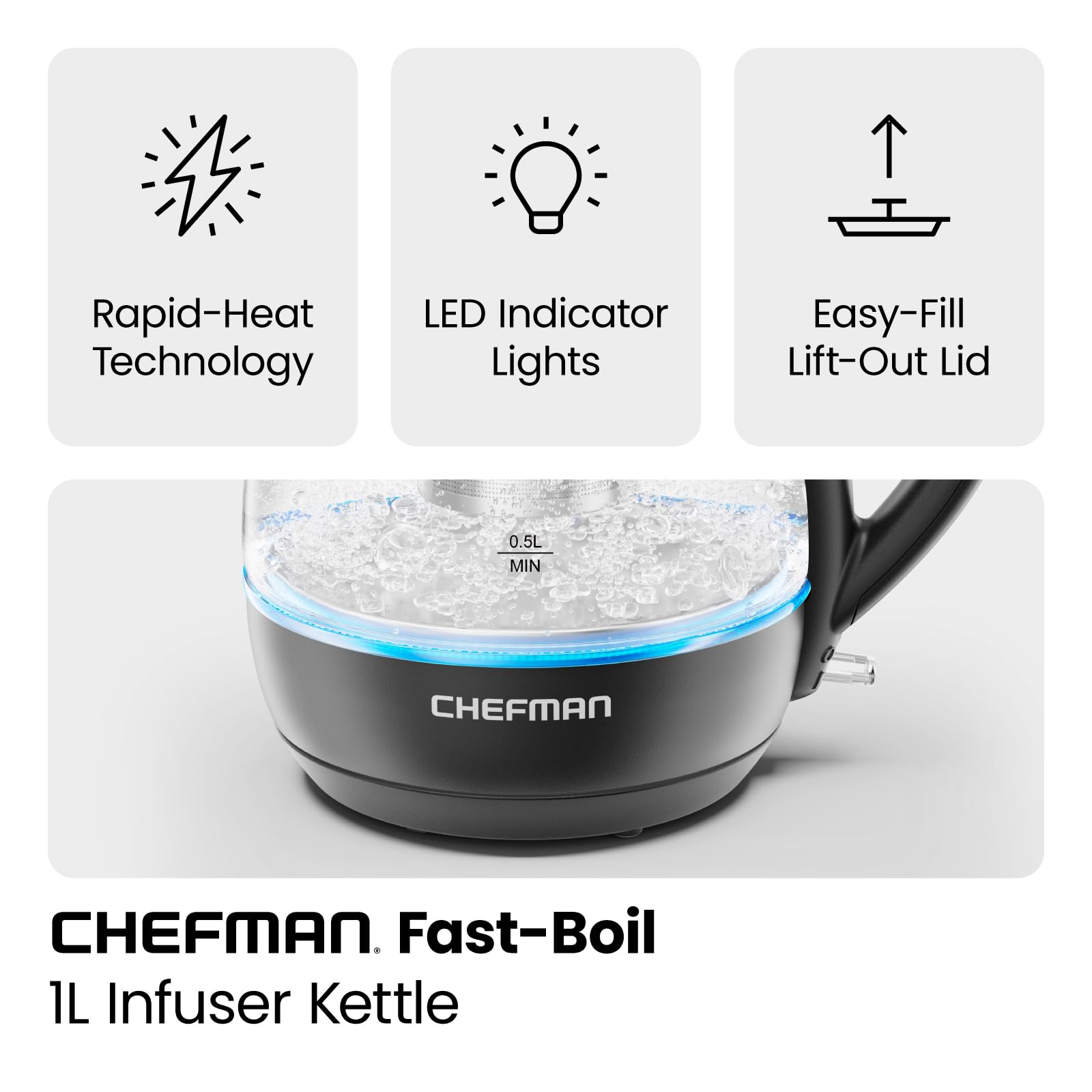Chefman Electric Kettle With Tea Infuser, 1L 1500W, Removable Lid For Easy Cleaning, Boil-Dry Protection, Stainless Steel Filter