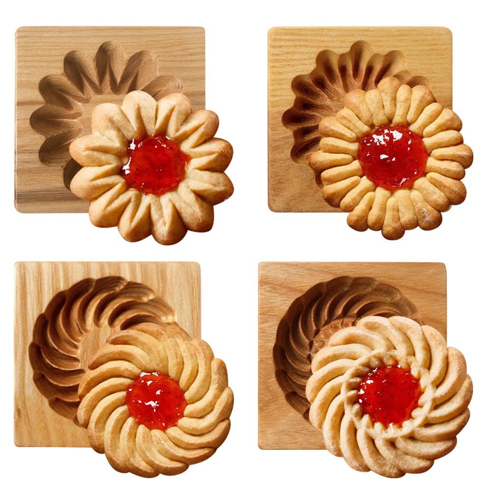 4Pcs Wooden Cookie Biscuit Mold Cookie Cutters Wooden Cookie Molds 3D Baking Mold Funny Embossing Craft Decorating Baking Tool f
