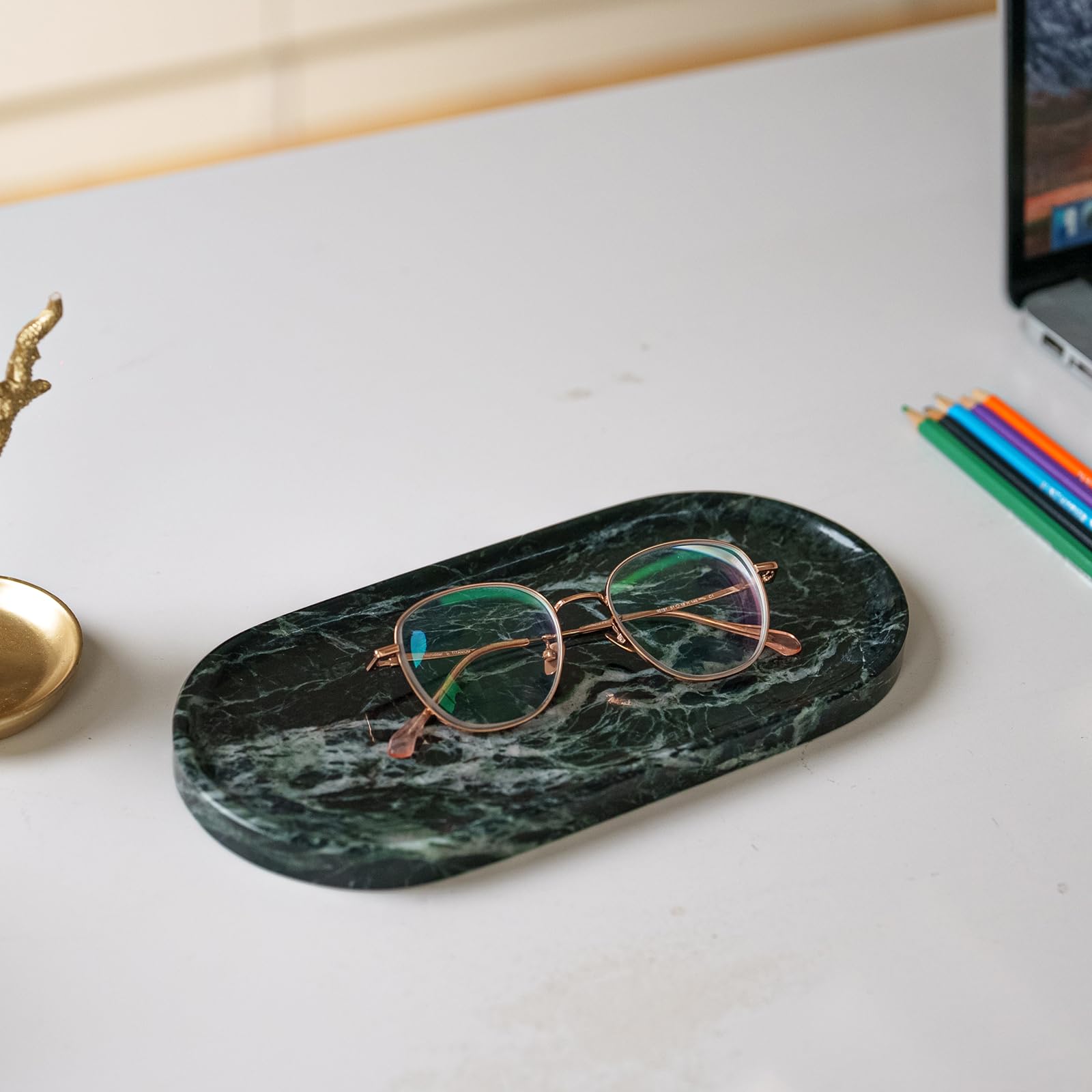 VEROBELL Emerald Green Marble Tray | Bathroom Jewelry Organizer | Spa-Quality Perfume Tray for Dresser, Nightstand, Makeup Table