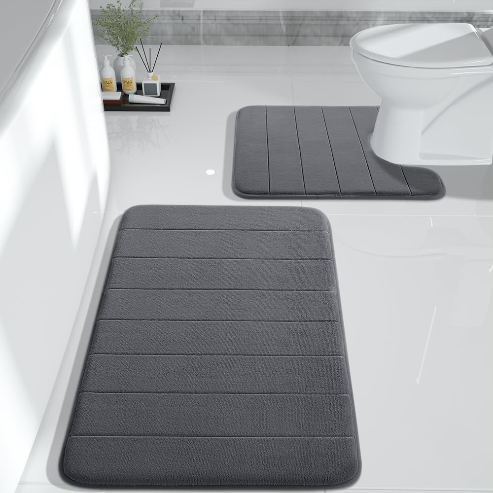 Yimobra Memory Foam Bath Mat Set, 2 Piece Soft Bathroom Rugs, 31.5X19.8 And 24X20.4 U-Shaped Bathroom Rugs, Toilet Mat, Water Ab