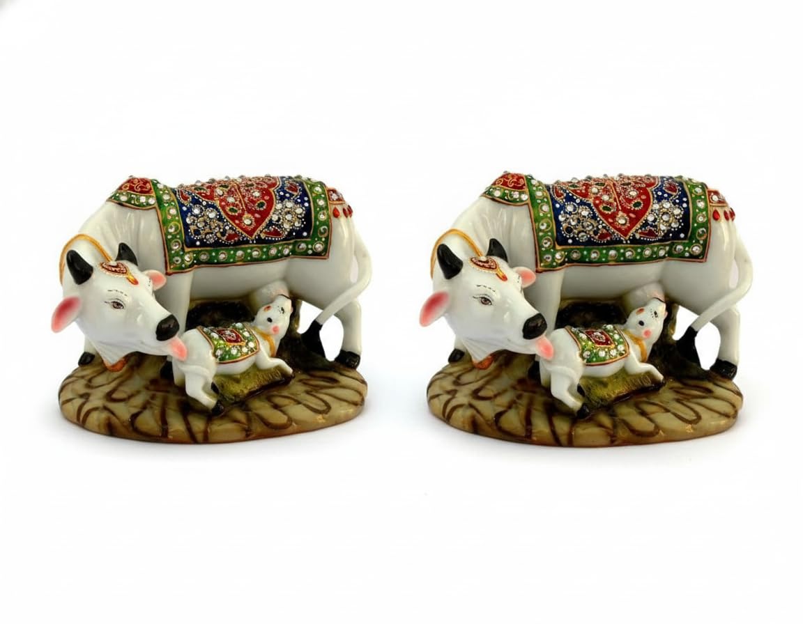 Jiyansh Creation Dust Polyresin Decorative Marble Kamdhenu Cow And Calf Big Handcrafted Statue, 6-Inch, Multicolour (Pack Of 2) 