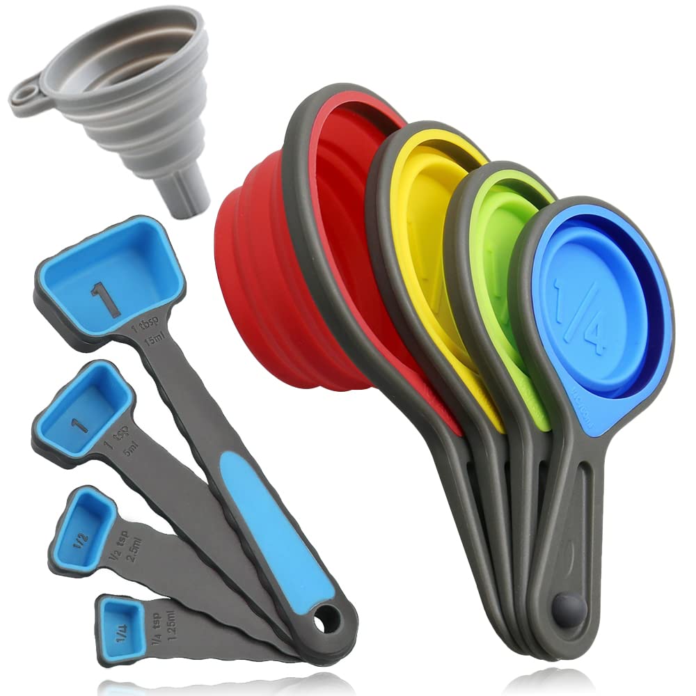 Leepiya Measuring Cups And Spoons Set, Collapsible Measuring Cups, 8 Piece Measuring Tool Engraved Metric/Us Markings For Liquid