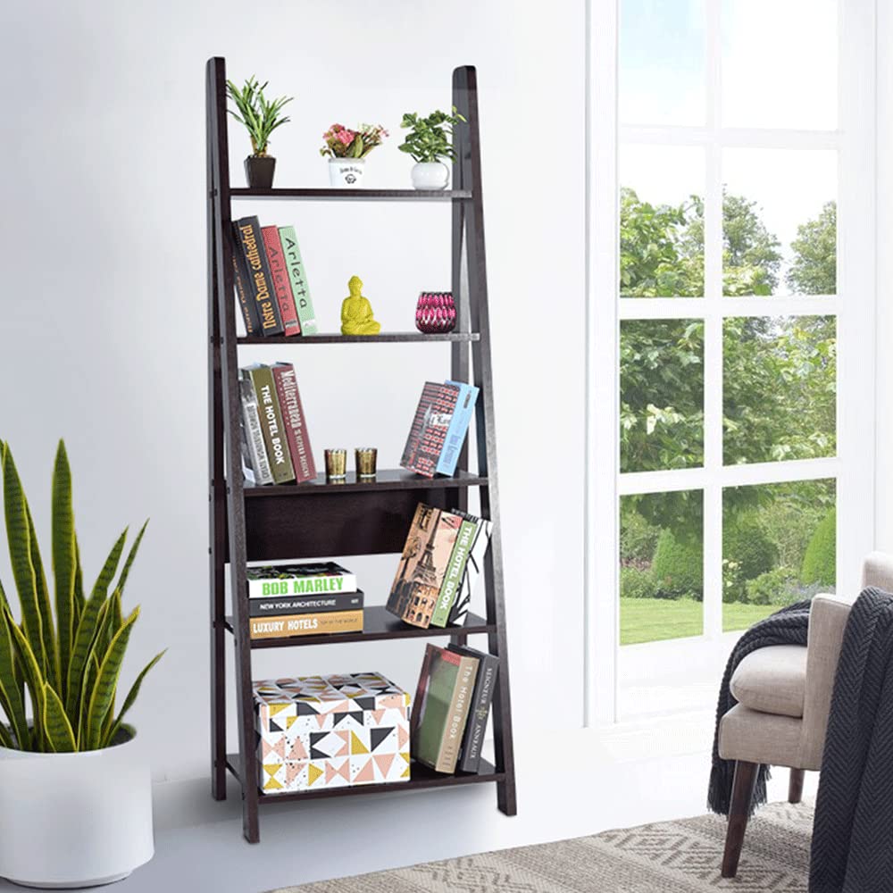 Deckup Reno Engineered Wood Ladder Book Shelf And Display Unit (Dark Wenge, Matte Finish)