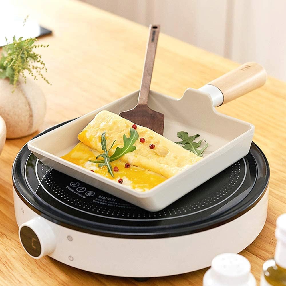 Fika Kitchen Nonstick 6-Inch Rectangle Tamagoyaki Egg Roll Pan With Wooden Handle, Japanese Omelette Frying Skillet, Induction C