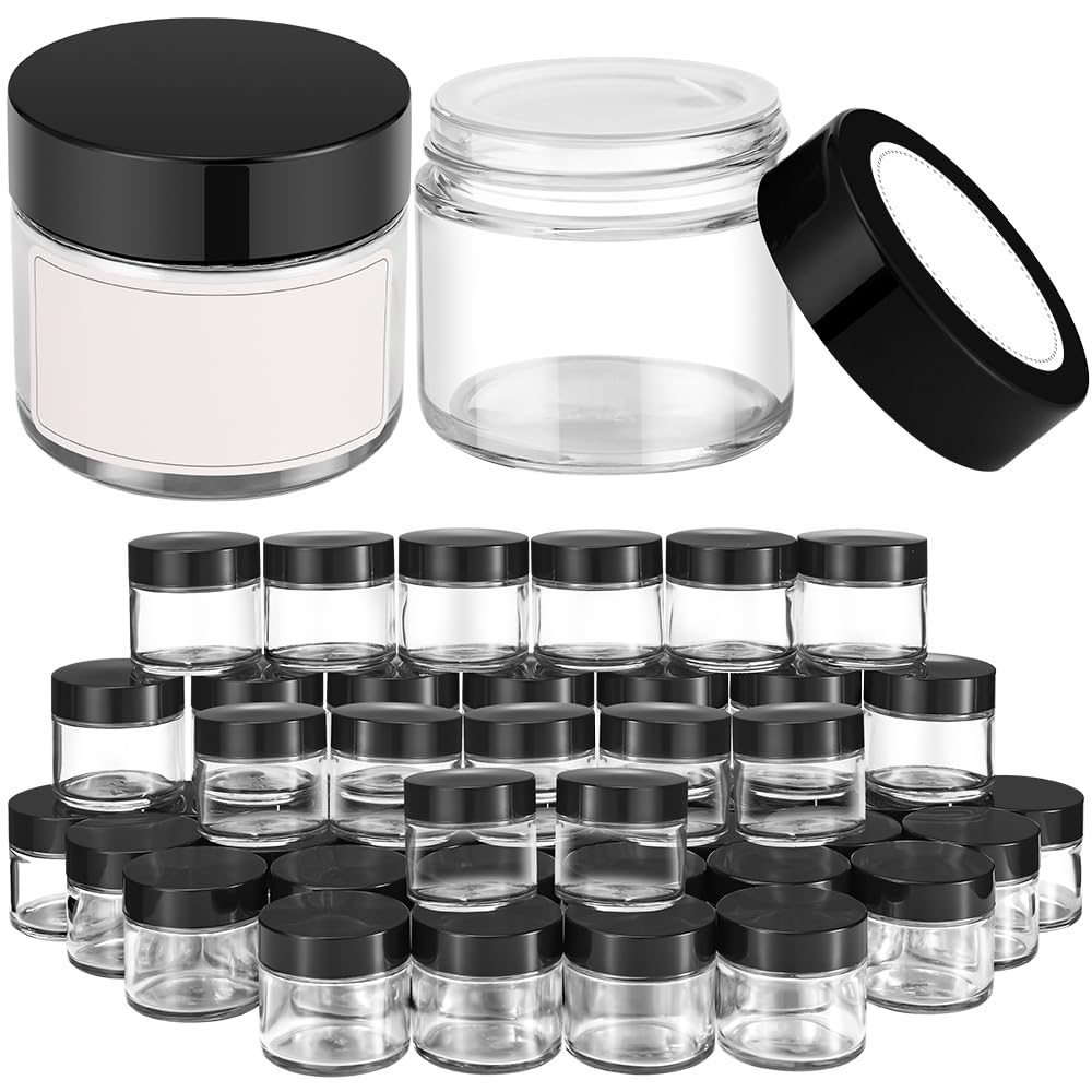 2 Oz Glass Jars, Bumobum 48 Pack Clear Cream Jars With Black Lids, White Labels & Inner Liners, Empty Round Clear Cosmetic Conta