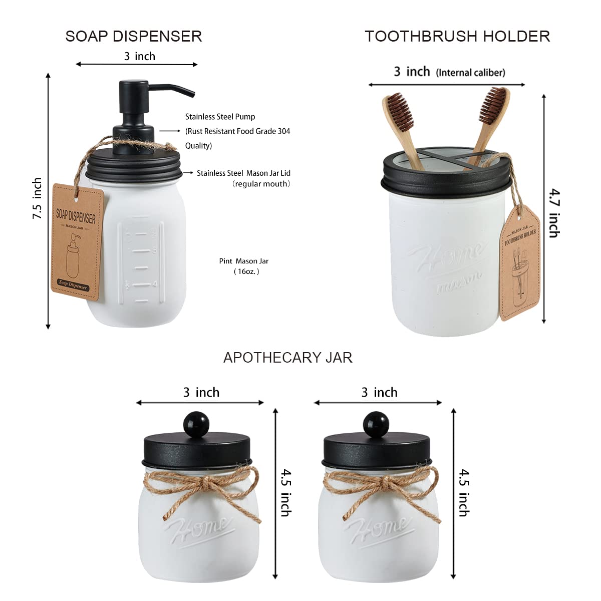 White Mason Jar Bathroom Accessories Set (6Pcs) - Lotion Soap Dispenser,Toothbrush Holder,2 Apothecary Jars, Soap Dish Tray,Stor