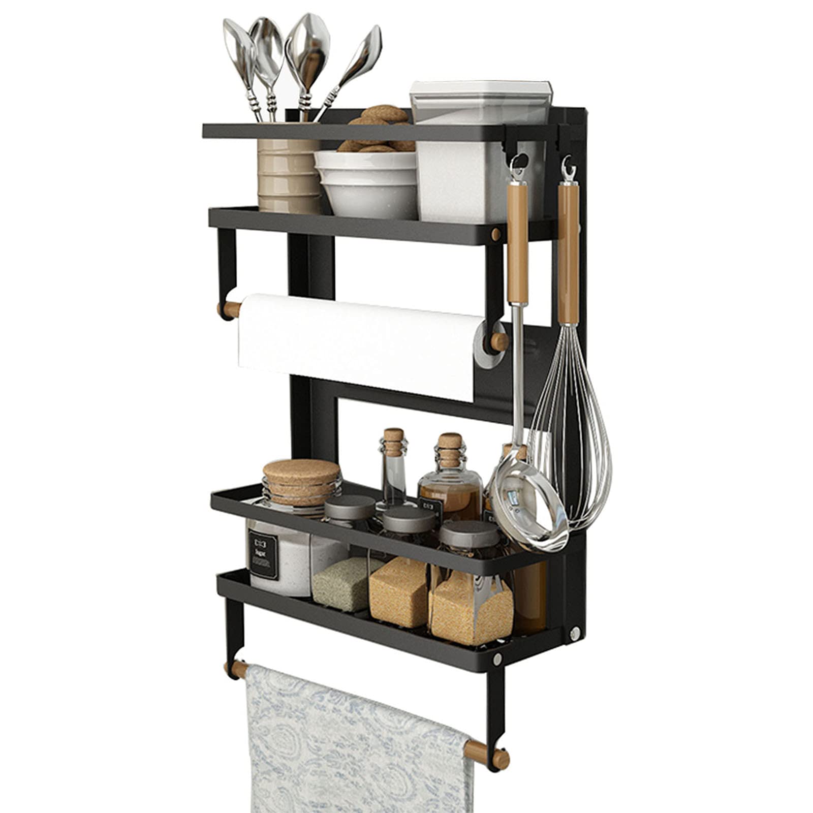EASTTOWEST Magnetic Spice Rack,4 Tier Kitchen Magnetic Shelf for Refrigerator Fridge Organizer with 2 Paper Towel Holders and 5 